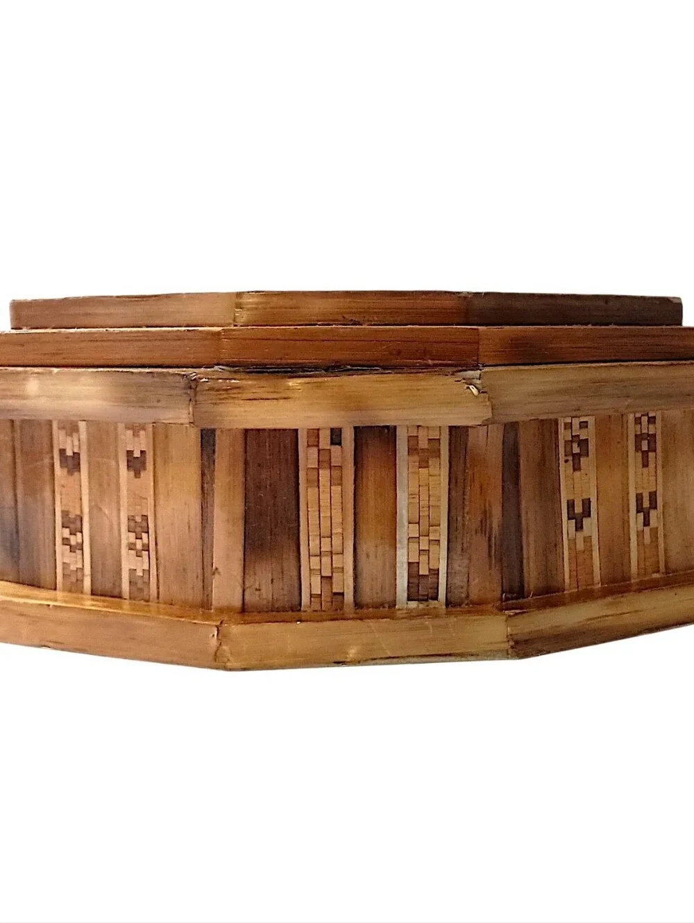 Vtg Straw Bamboo Inlaid Marquetry Trinket Jewelry Box Wood Velvet Tramp Boho